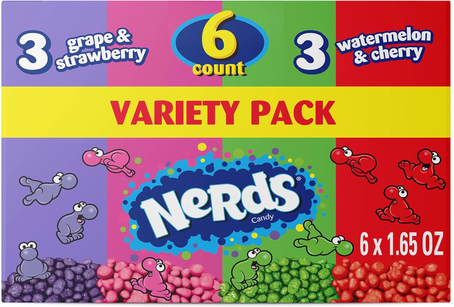 NERDS Candy, Dual Variety Pack, Grape & Strawberry, Watermelon & Cherry, Crunchy Fruity Chews, 9.9 oz (Pack of 6)