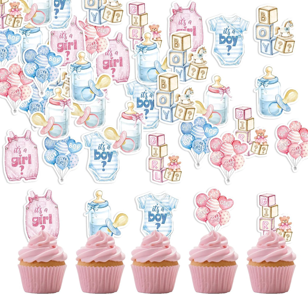 72Pcs Edible Gender Reveal Boy and Girl Cupcake Picks Wafer Paper Bear Gender Reveal Question Mark Cake Topper Decorations for Boy Girl Twins Baby Shower Pink Blue