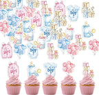 72Pcs Edible Gender Reveal Boy and Girl Cupcake Picks Wafer Paper Bear Gender Reveal Question Mark Cake Topper Decorations for Boy Girl Twins Baby Shower Pink Blue