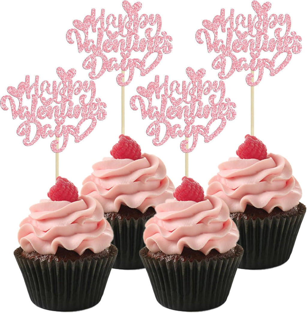 Ephlyn 24Pcs Happy Valentine's Day Cupcake Toppers Glitter Heart Cupcake Pick Decorations Valentine Cupcake Topper for Happy Valentine's Day Birthday Party Cake Decorations Supplies Pink
