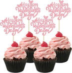 Ephlyn 24Pcs Happy Valentine's Day Cupcake Toppers Glitter Heart Cupcake Pick Decorations Valentine Cupcake Topper for Happy Valentine's Day Birthday Party Cake Decorations Supplies Pink