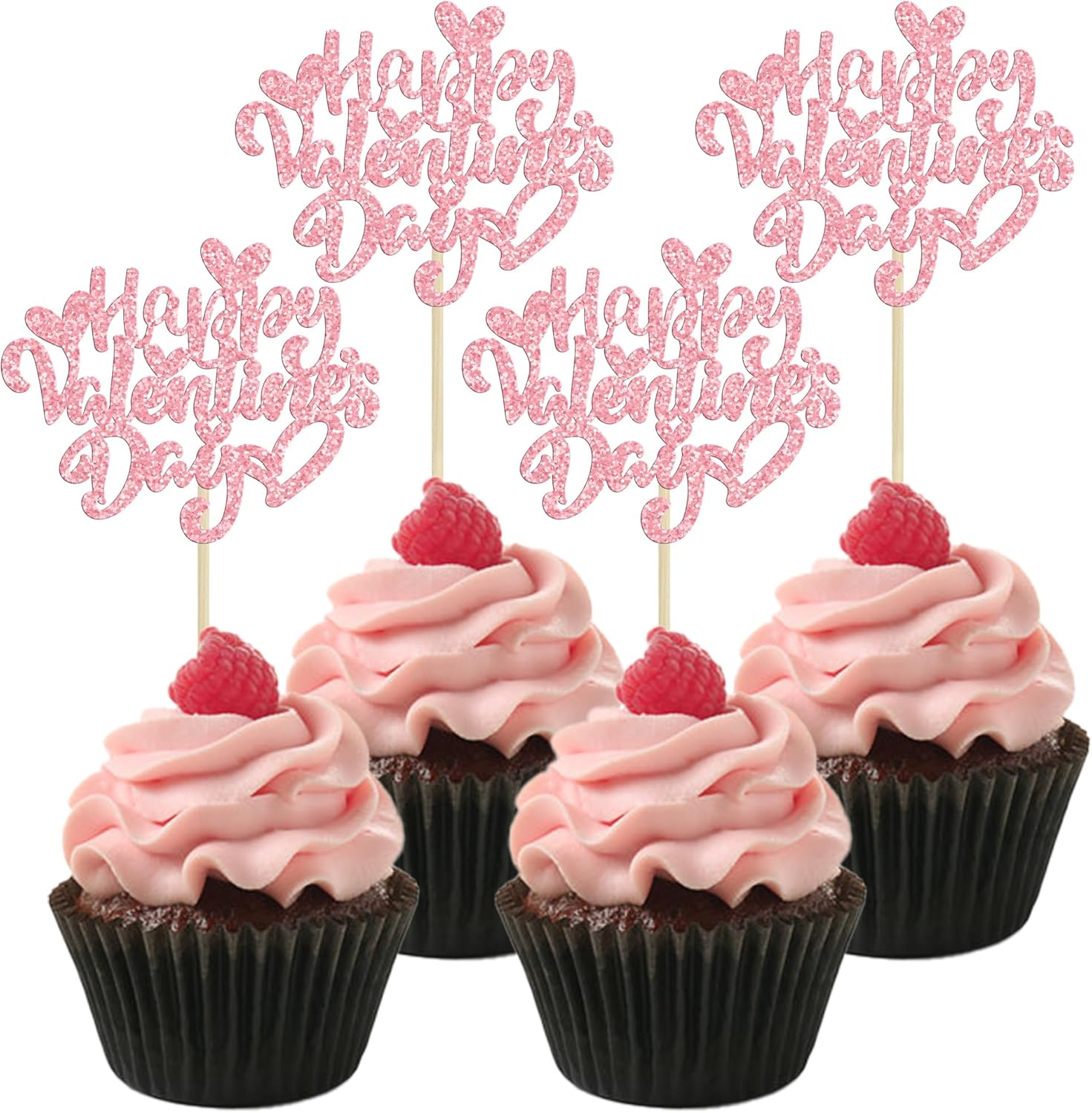 Ephlyn 24Pcs Happy Valentine's Day Cupcake Toppers Glitter Heart Cupcake Pick Decorations Valentine Cupcake Topper for Happy Valentine's Day Birthday Party Cake Decorations Supplies Pink