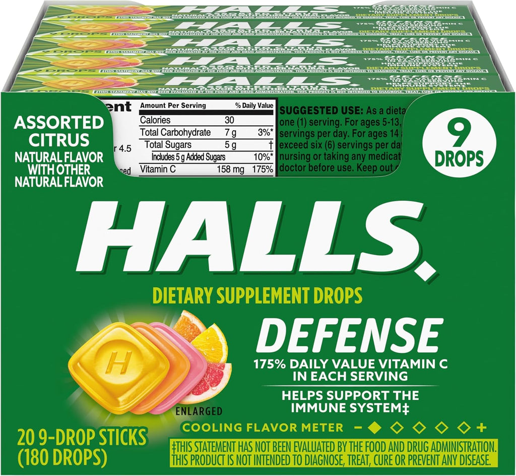 HALLS Defense Assorted Citrus Vitamin C Drops, 20 Sticks of 9 Drops (180 Total Drops)