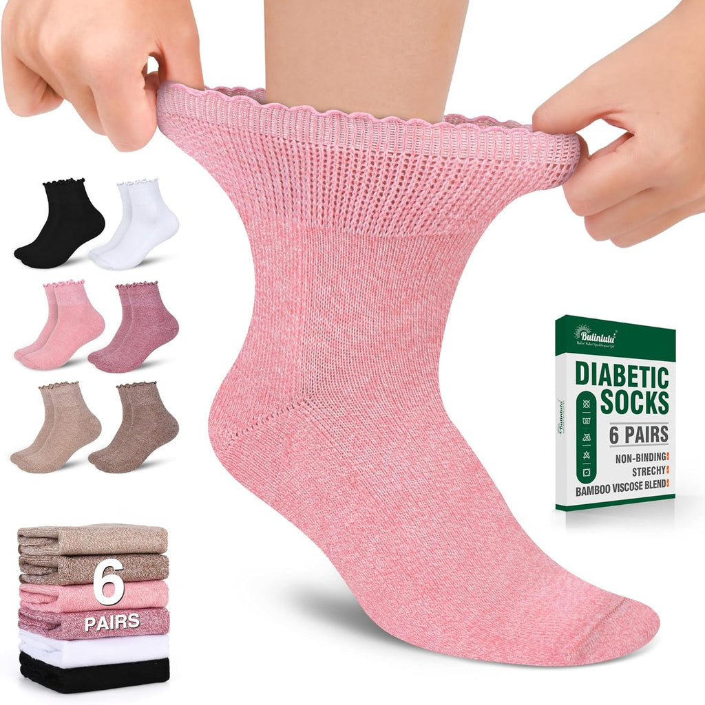 Bulinlulu Women’s Diabetic Socks – 6 Pairs Non-Binding Neuropathy Socks for Women 6-9 9-11