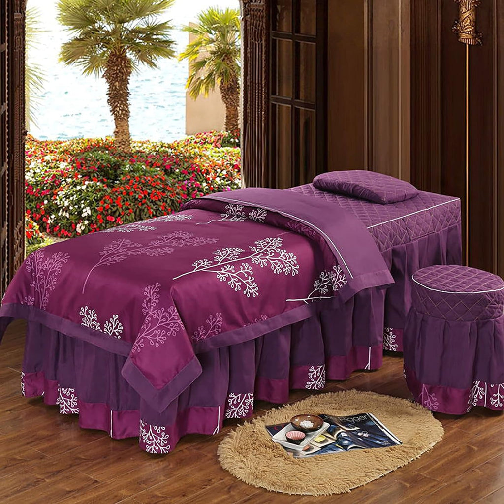 KKLT 4-Piece Cotton Massage Table Sheet Set Salon Bed Cover,Massage Table Skirt Protective Cover Includes Pad and Face Rest Cover-D 70x185cm(28x73inch)