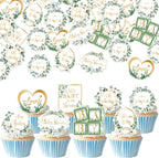 64 PCS Edible Oh Baby Cupcake Toppers Wafer Paper Love Baby Shower Cake Decorations Edible Baby in Bloom Welcome Baby Boy Cupcake Picks for Baby Shower Boys Birthday Party Decorations Supplies