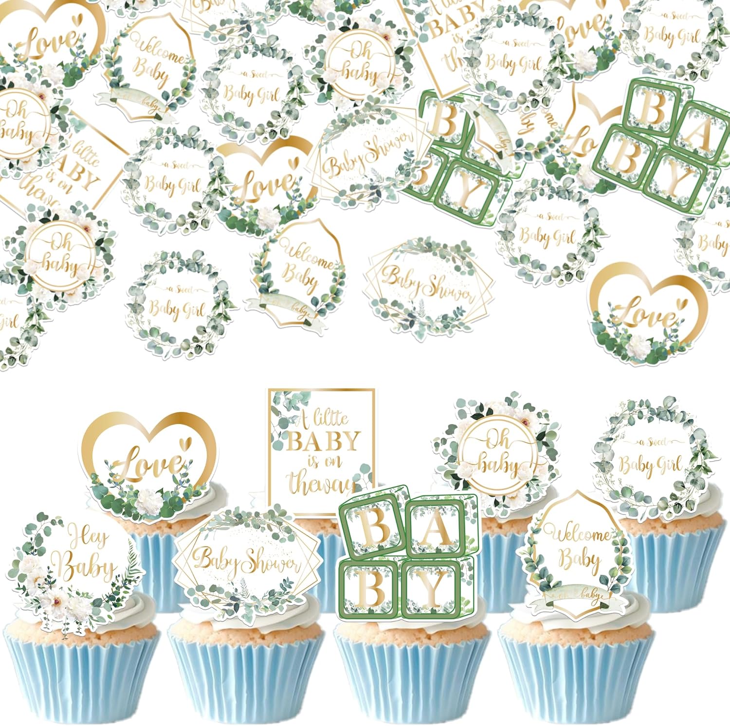 64 PCS Edible Oh Baby Cupcake Toppers Wafer Paper Love Baby Shower Cake Decorations Edible Baby in Bloom Welcome Baby Boy Cupcake Picks for Baby Shower Boys Birthday Party Decorations Supplies