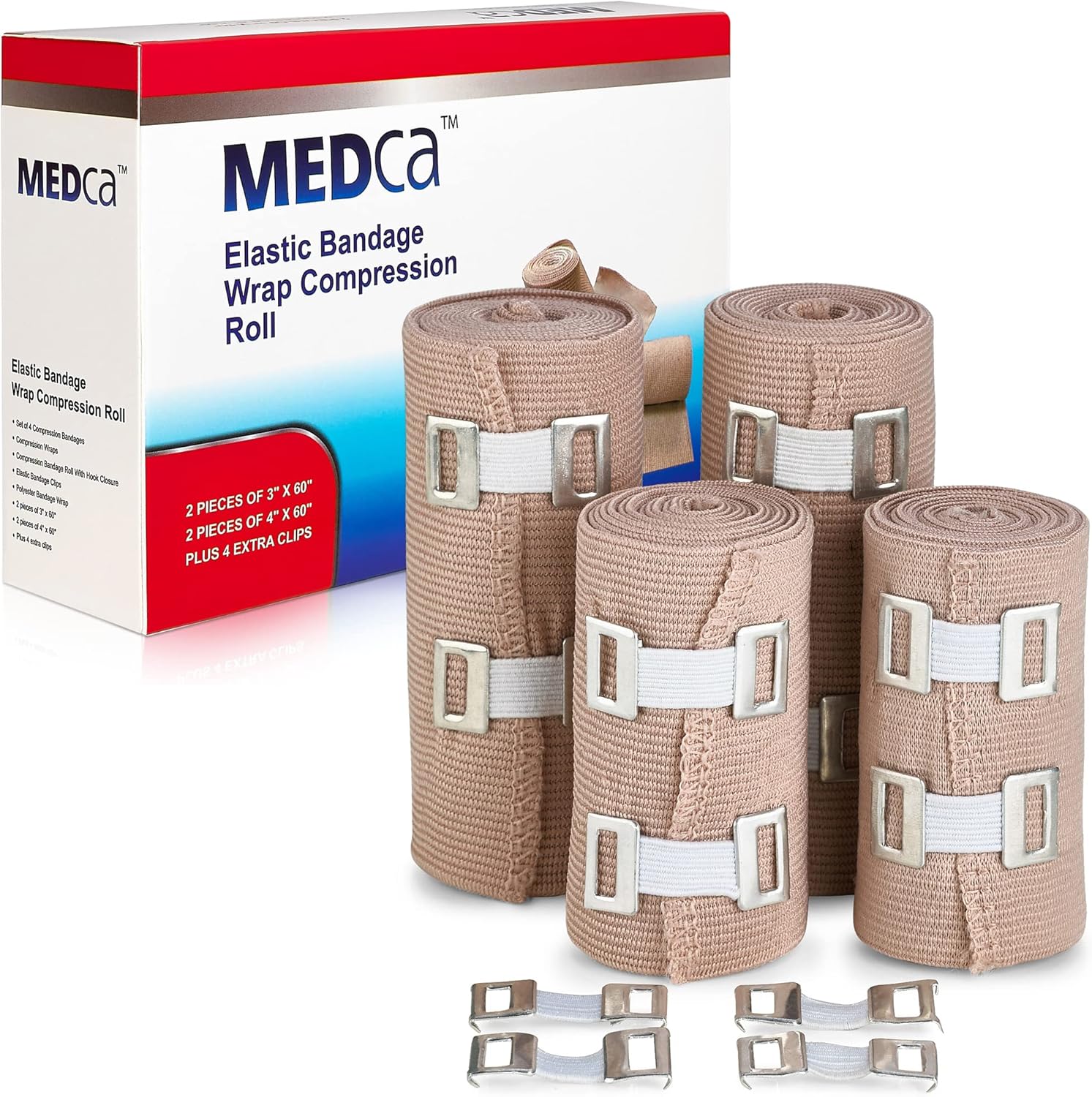 Elastic Compression Bandage Wrap - Premium Quality (Set of 4) w/ Hooks, Athletic Sport Support Tape Rolls for Ankle, Wrist, Arm, Leg Sprains First Aid Bandages Measure (2)- 4" x 5 Ft (2)- 3" x 5 Ft