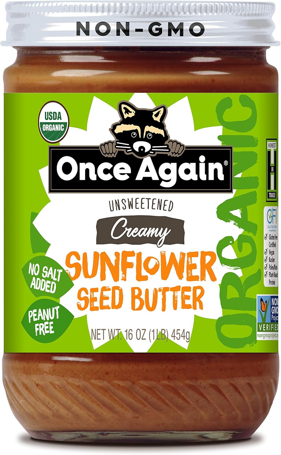 Once Again Organic Sunflower Butter, Unsweetened, No Salt & No Sugar Added - Creamy Sunflower Seed Butter, Dairy and Nut Free Spread - Vegan, Non-GMO, Gluten Free (16 oz Glass Jar)