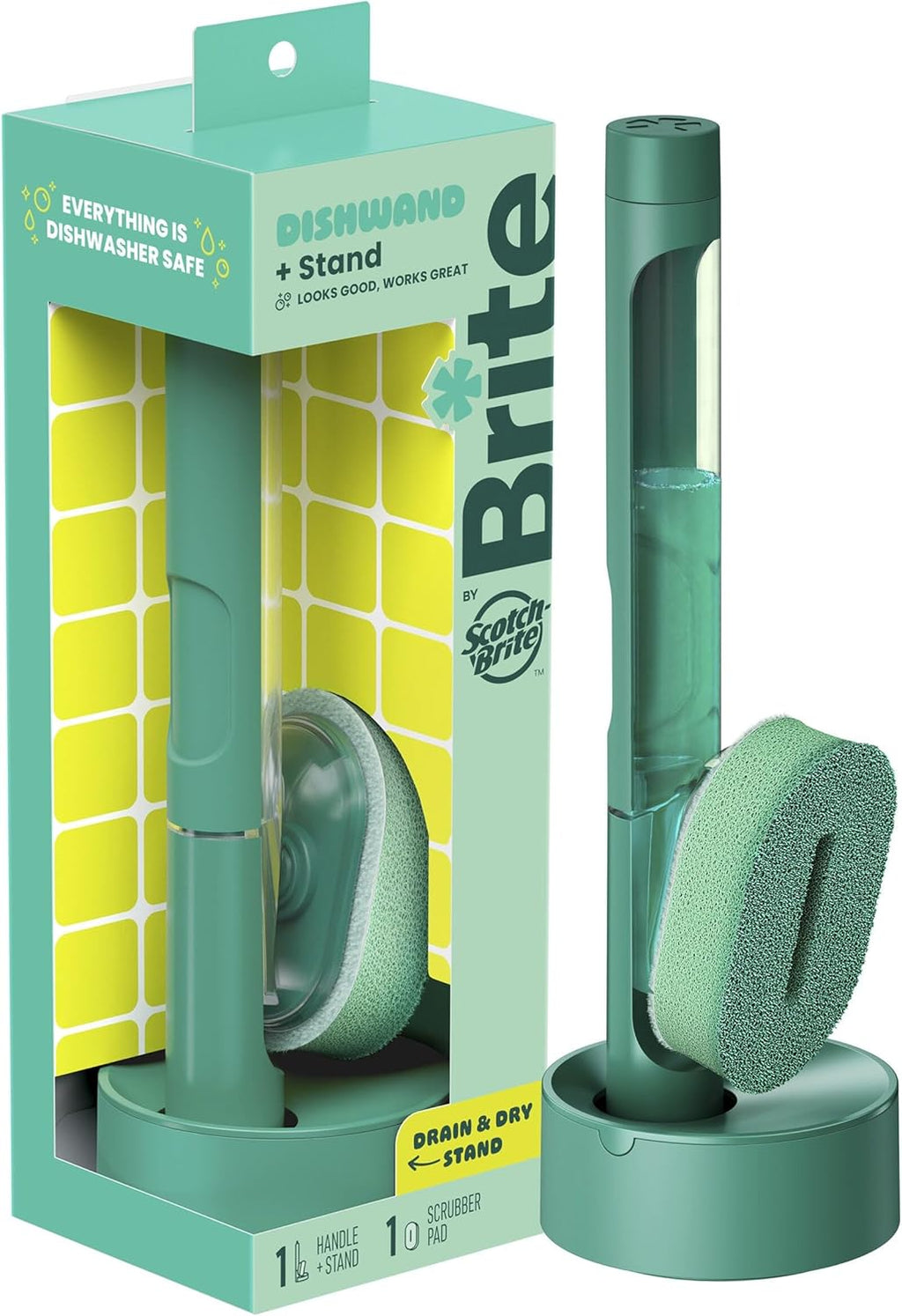 Brite by Scotch-Brite Fillable Dishwand with Drain + Dry Stand, Household and Kitchen Sponge for Washing Dishes, 1 Dish Wand with Soap Dispenser