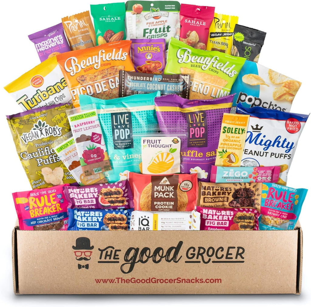 Deluxe VEGAN Snacks Care Package: Delicious Vegan Jerky, Protein Bars, Cookies, Chips, Puffs, Fruit & Nuts, Healthy Gift Basket Alternative, Snack Variety Pack, College Student Care Package