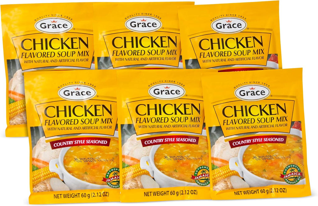 Grace Chicken Flavored Soup Mix 2.12oz - 6 Pack - Jamaican Country Style Seasoned Chicken Soup Mix - Packaged Dry Soup Mix Packets