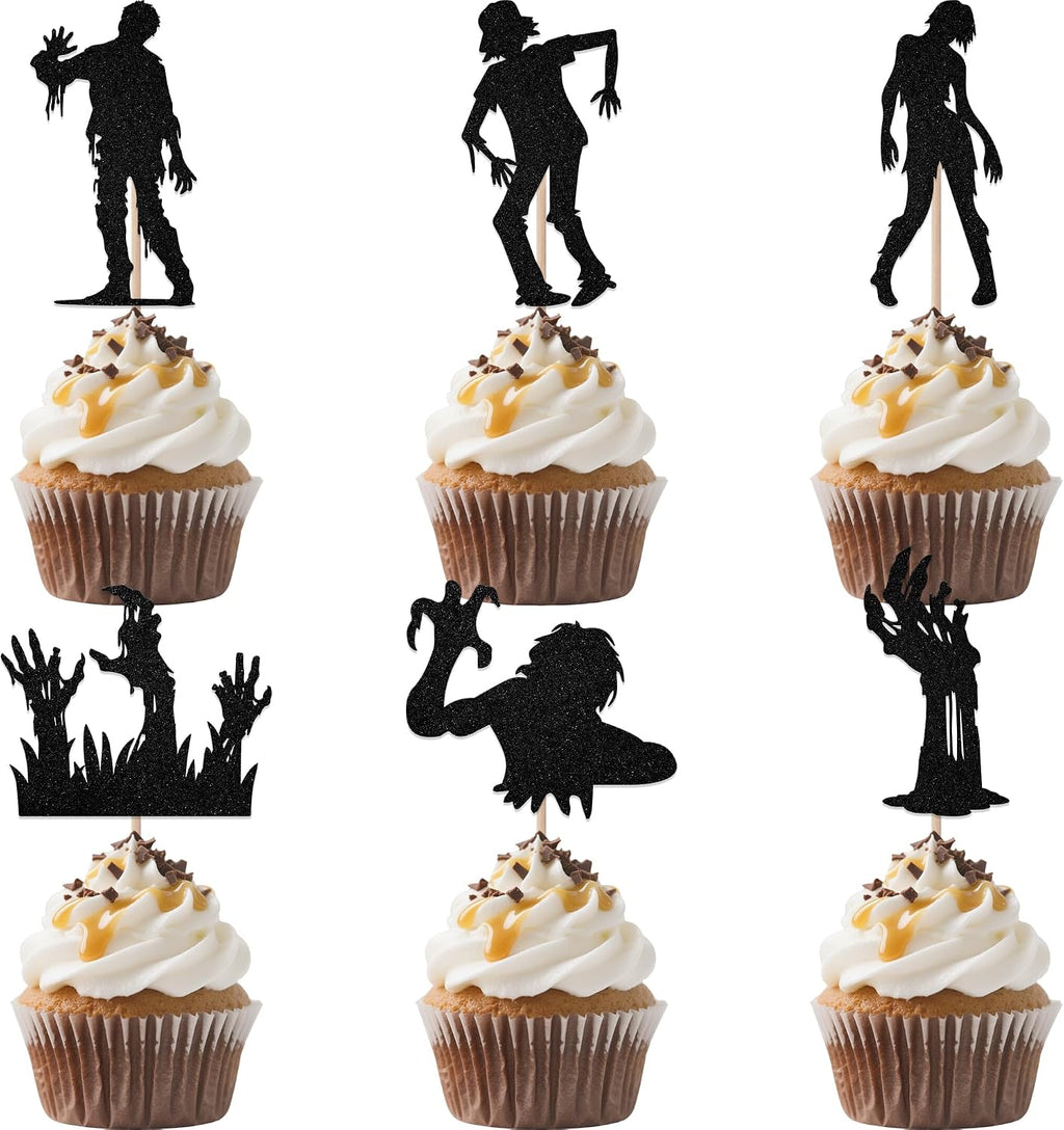 24Pcs Halloween Zombie Cupcake Topper - Zombie Birthday Party Decorations - Horror Halloween theme Birthday Baby Shower Decorations Black