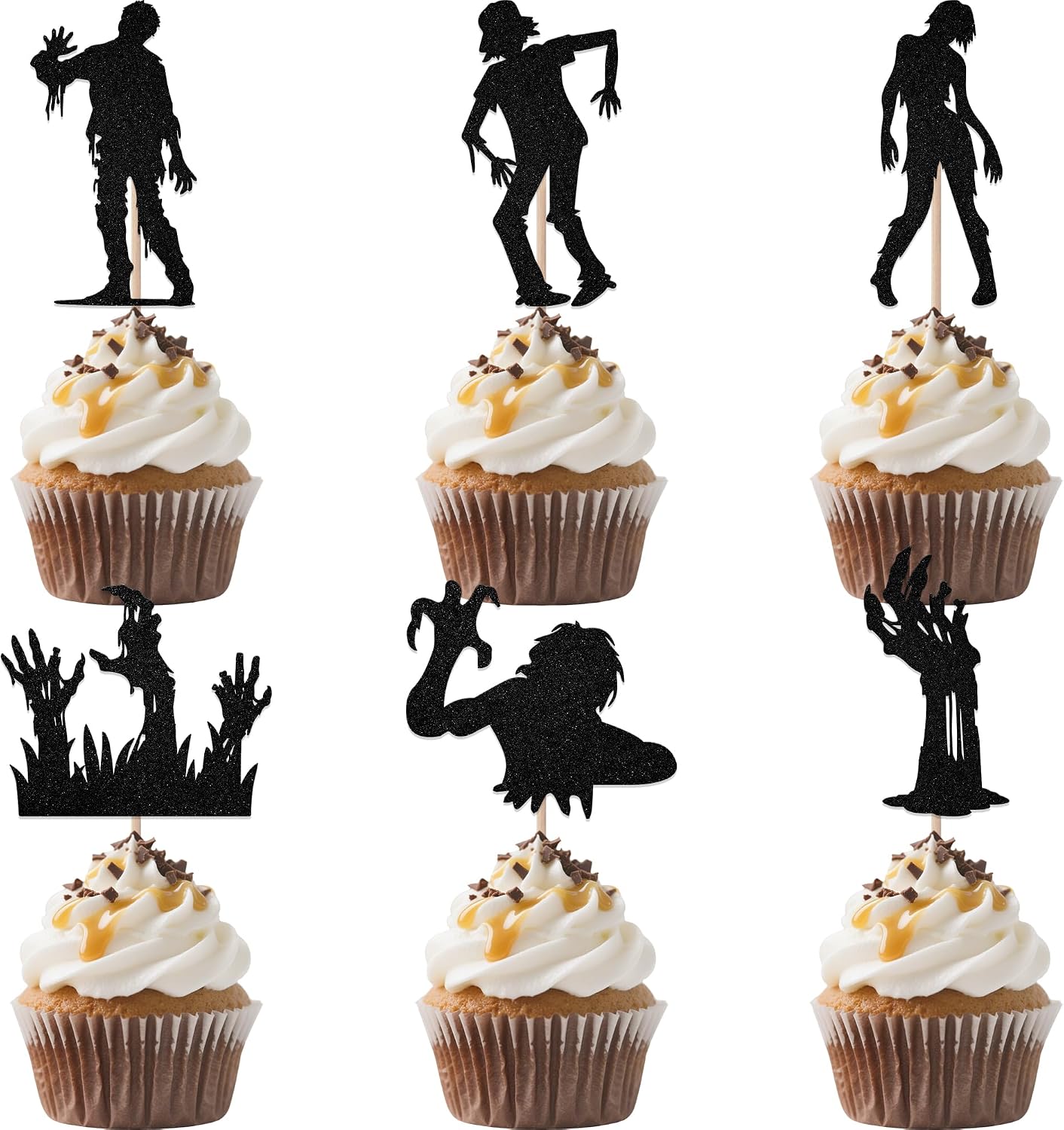 24Pcs Halloween Zombie Cupcake Topper - Zombie Birthday Party Decorations - Horror Halloween theme Birthday Baby Shower Decorations Black