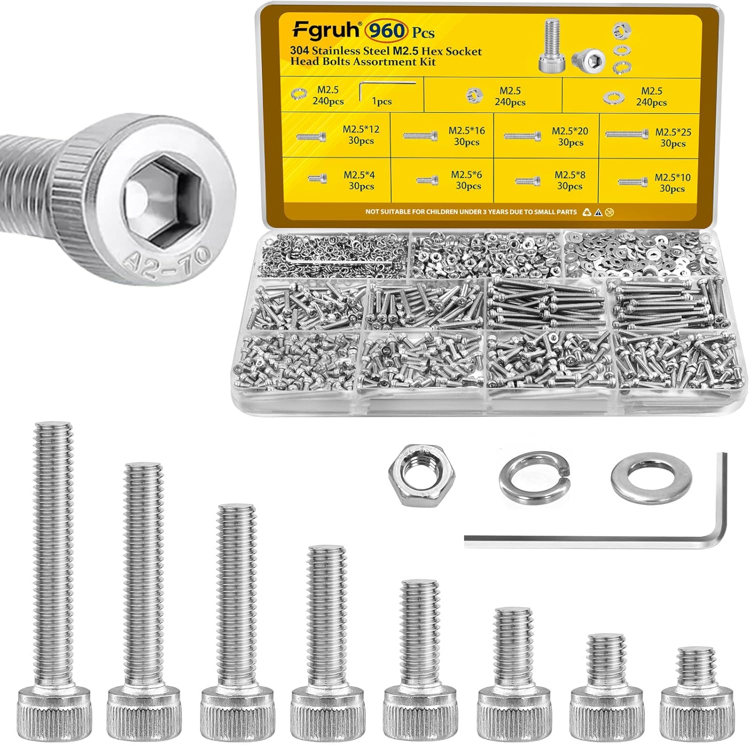 960pcs M2.5 Screws with Nuts Assortment kit, M2.5x4/6/8/10/12/16/20/25 mm 304 Stainless Steel Hex Socket Head Bolts with Flat & Lock Washers Assorted Set
