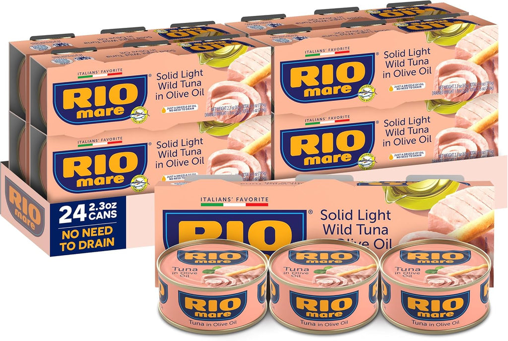 Rio Mare Premium Yellowfin Tuna with a Drizzle of Olive Oil, 2.3 Ounce Can (24 Pack), Italy's No.1 Tuna Brand, Wild Caught, High Protein Canned Tuna, No Draining Required, Packaging May Vary