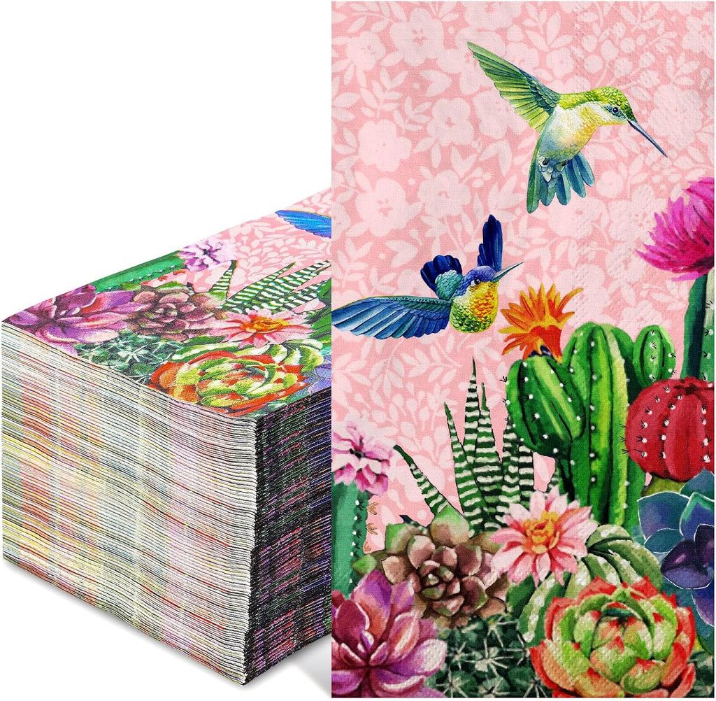 AnyDesign 100 Pcs Cactus Guest Napkins Disposable Pink Bird Succulent Paper Napkins Summer Dinner Hand Towels for Home Kitchen Bathroom Seasonal Holiday Party Supplies
