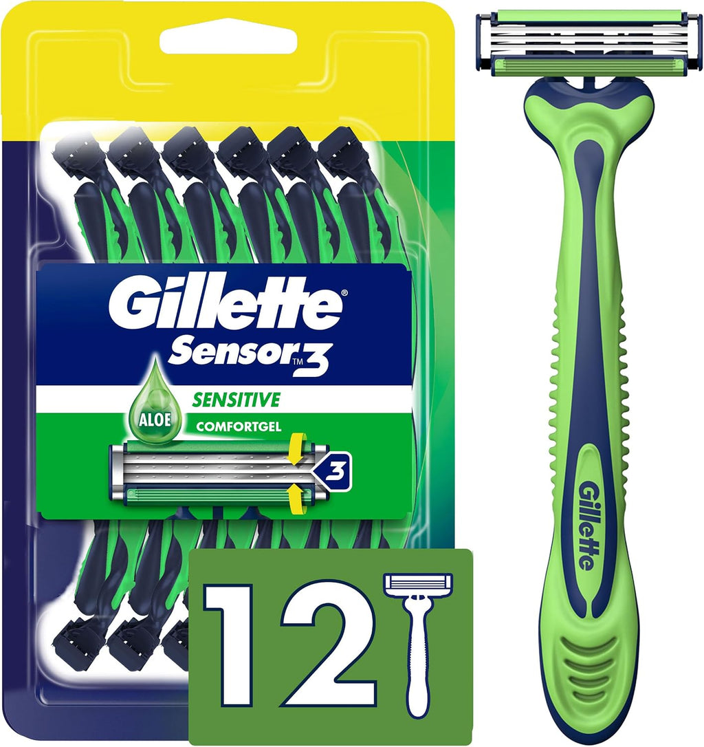 Gillette Sensor3 Sensitive Men's Disposable Shaving Razors, 12 Count
