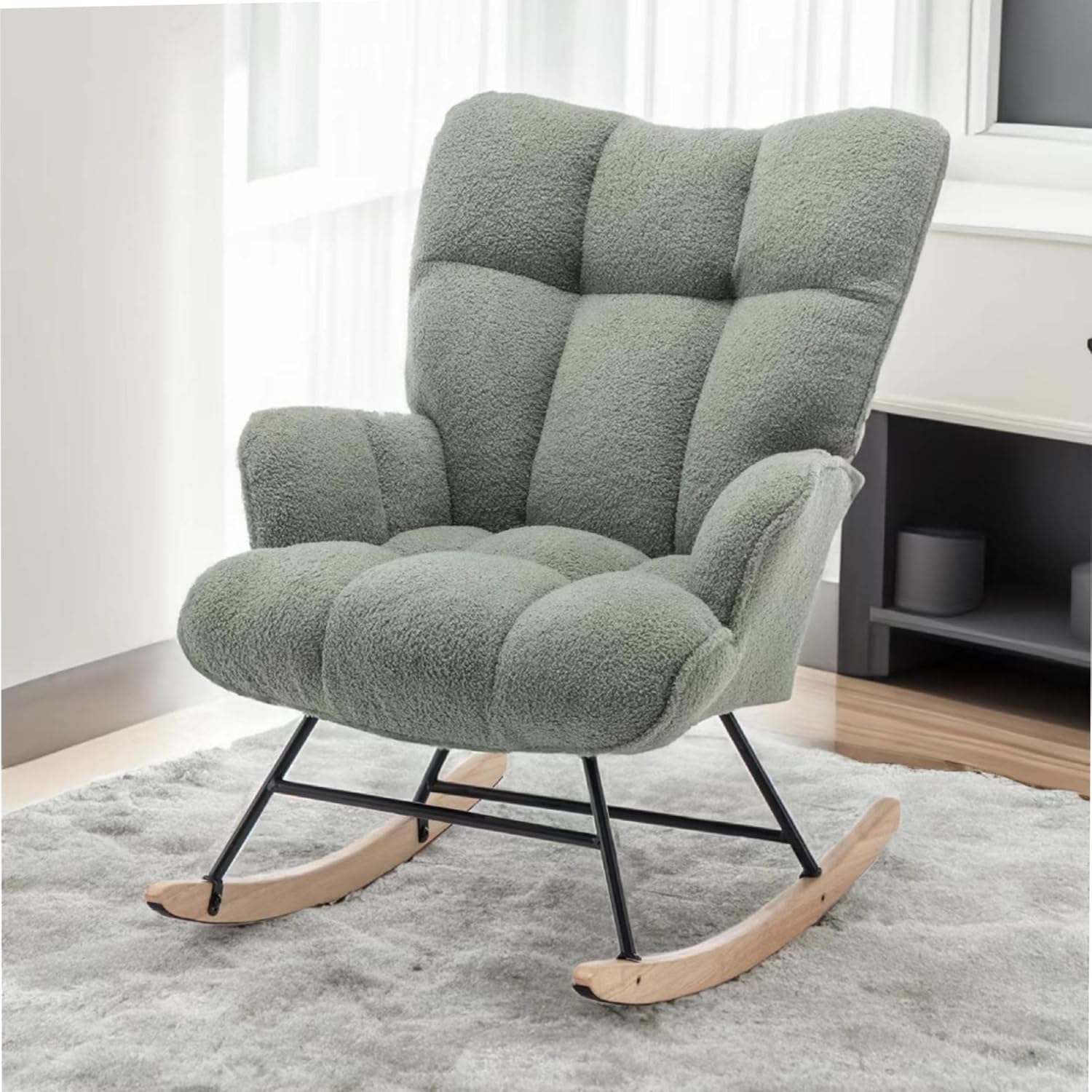 SAETSFEG Rocking Chair Nursery Teddy Upholstered Glider Rocker Rocking Accent Chair Padded Seat with High Backrest Armchair Comfy Side Chair for Living Room Bedroom Offices (Mint Green Teddy)