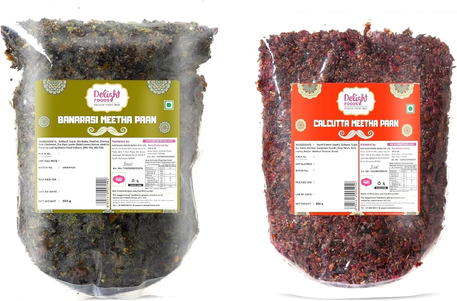 Delight Foods Calcutta Meetha Paan and Banarasi Meetha Paan 1.6 Kg (800g x 2)| Without supari | Sweet Hygienically Packed Traditional Mukhwas | Premium Mouth Freshener