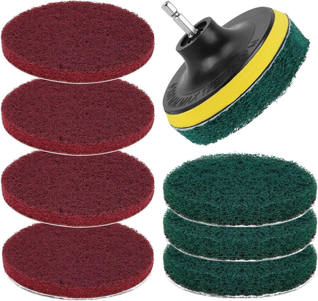4-Inch Scrub Drill Brush Power Scouring Pads Household Cleaning Set 4 Red Pads 4 Green Pads 1 Drill Attachment and 1 Universal Shaft for Kitchen Bathroom Tiles Bathtubs Glass Porcelain