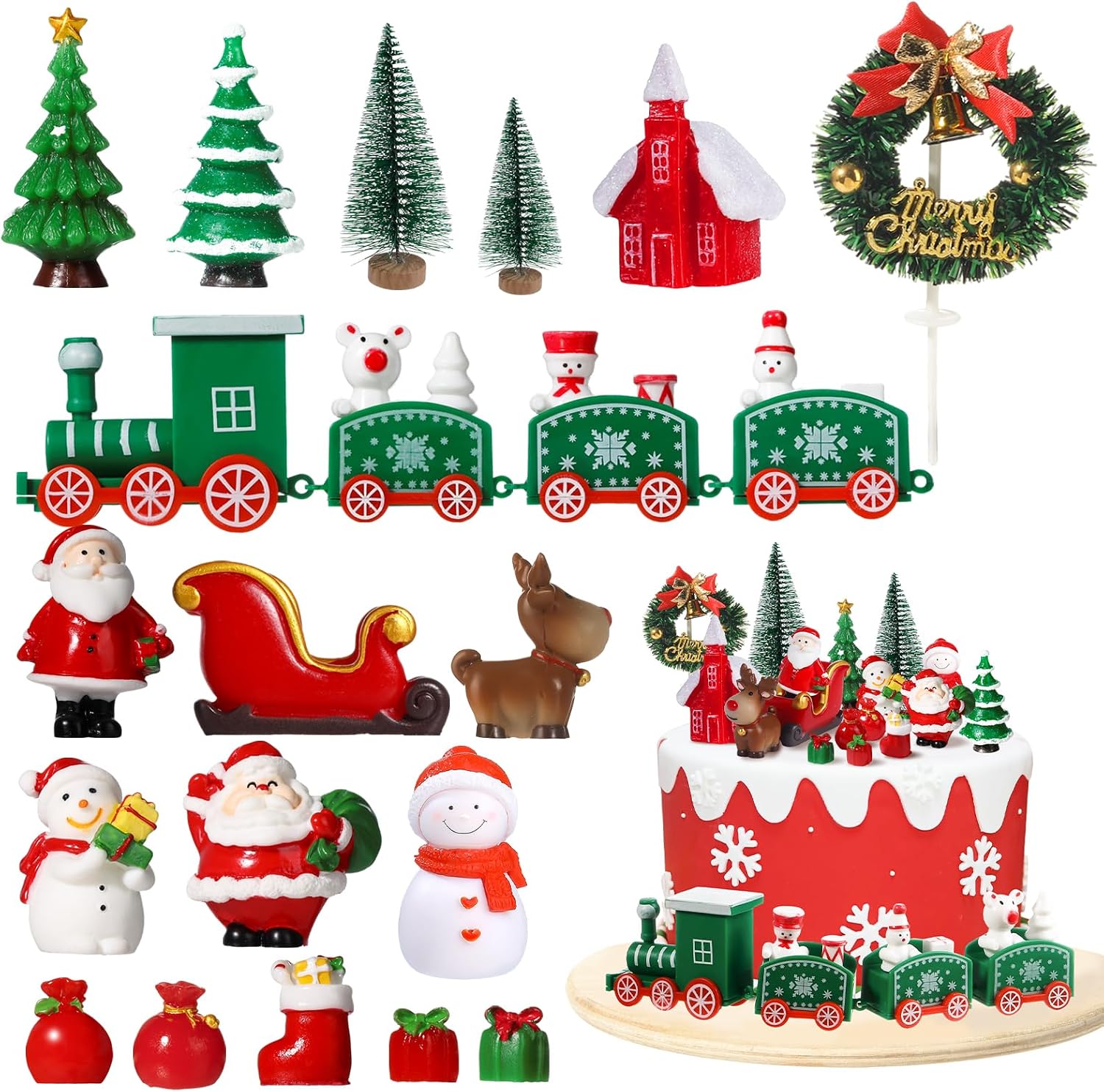RAYNAG 18-Piece Christmas Cake Decoration Set - Merry Christmas Cake Toppers with Train, Tree, Santa, Sleigh, Reindeer for Themed Parties & Gifts