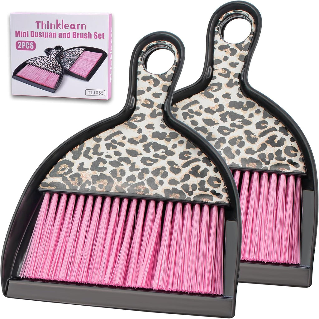 THINKLEARN 2PCS Mini Dustpan and Brush Set, Small Broom and Dustpan Set with Pink Leopard Print Design, Hand Broom Whisk Broom and Dust Pan for Cleaning Desk, Home, Cars, Pets, Kids