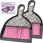 THINKLEARN 2PCS Mini Dustpan and Brush Set, Small Broom and Dustpan Set with Pink Leopard Print Design, Hand Broom Whisk Broom and Dust Pan for Cleaning Desk, Home, Cars, Pets, Kids