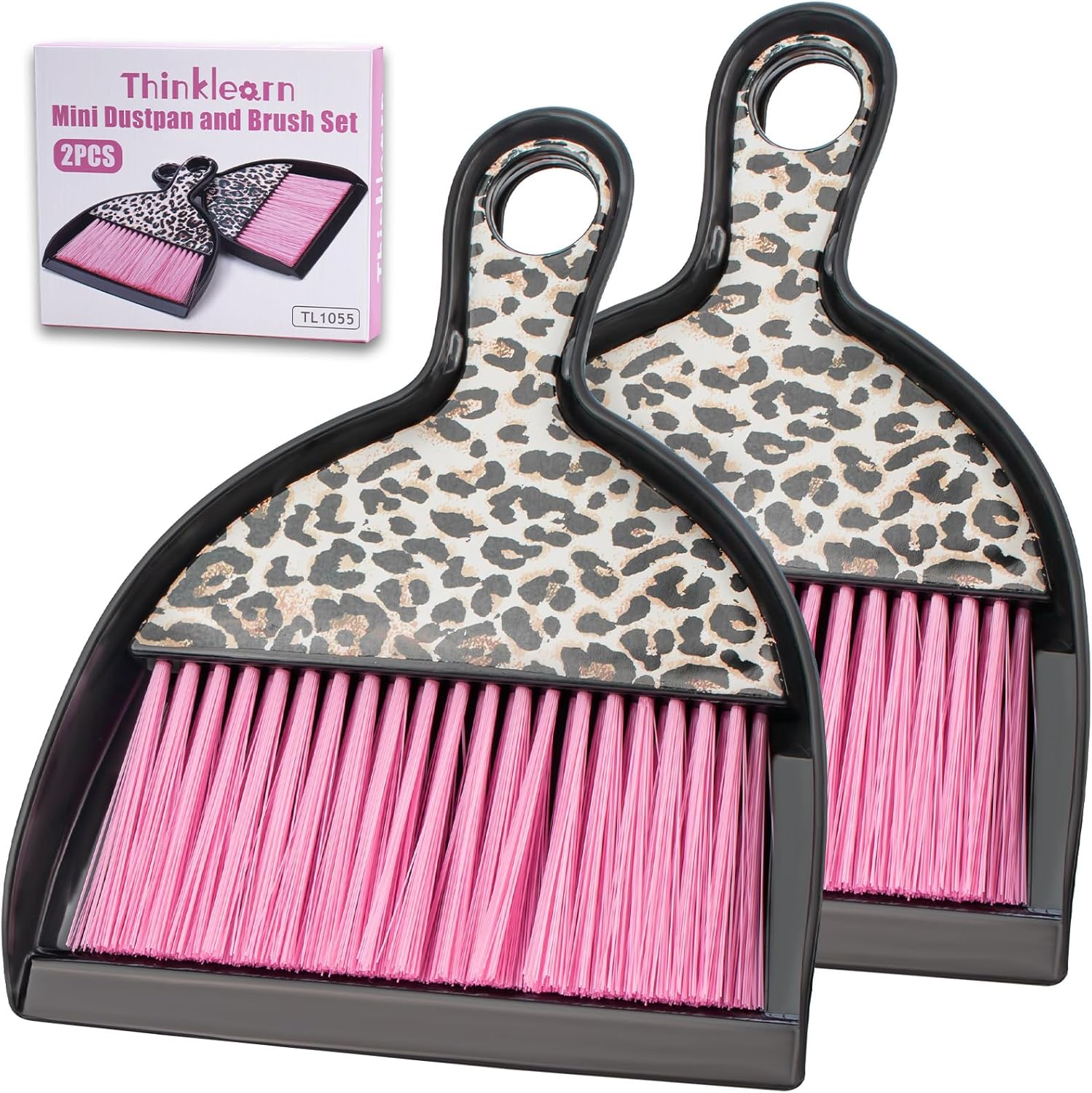 THINKLEARN 2PCS Mini Dustpan and Brush Set, Small Broom and Dustpan Set with Pink Leopard Print Design, Hand Broom Whisk Broom and Dust Pan for Cleaning Desk, Home, Cars, Pets, Kids