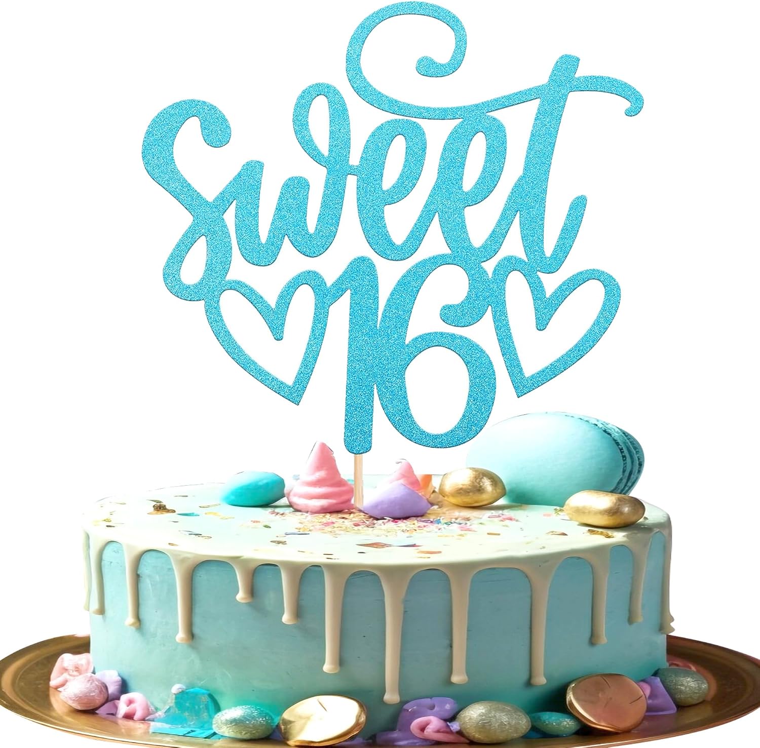 1 Pack Sweet Teenager 16 Cake Topper Glitter 16th Birthday Cake Pick for Cheers to 16 Years Old 16th Birthday Party Cake Decorations Supplies Light Blue