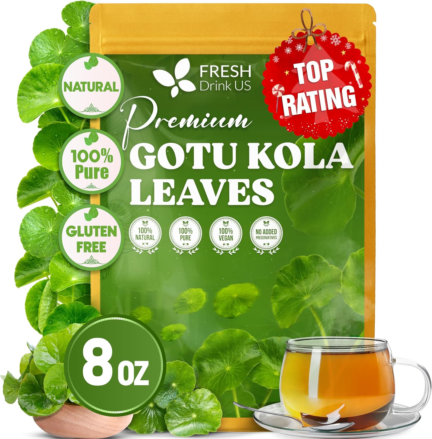 FreshDrinkUS, Premium Gotu Kola Leaves (Centella asiatica) | 8 oz Dried Loose Leaf | Naturally Mild & Earthy Herbal Tea – Premium Quality Leaves. Sugar-Free. Caffeine-Free. Vegan