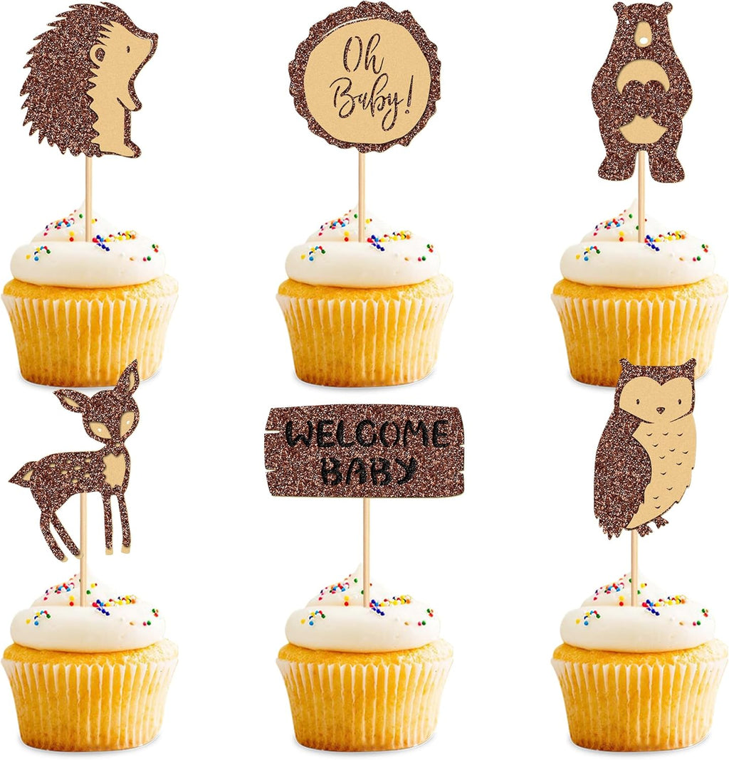 Ercadio 24 Pcs Woodland Party Cupcake toppers Picks Welcome Baby Oh Baby Party Decorations Woodland Animals Cake Woodland Theme Baby Boy Girl Birthday Favors Woodland Party Supplies