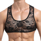 Floral Lace Mens Crop Top See Through Shirt Sexy Muscle Tank Top Gym Workout Vest Sissy Sheer Half Tops