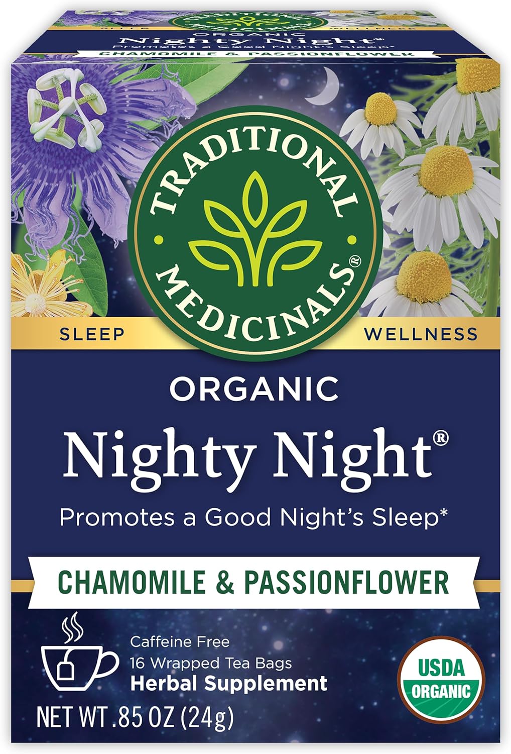 Traditional Medicinals Organic, Nighty Night Tea, Chamomile & Passionflower - Herbal Sleep Aid Teas - Kosher, Non-GMO, Caffeine-Free, Compostable - 16 Tea Bags