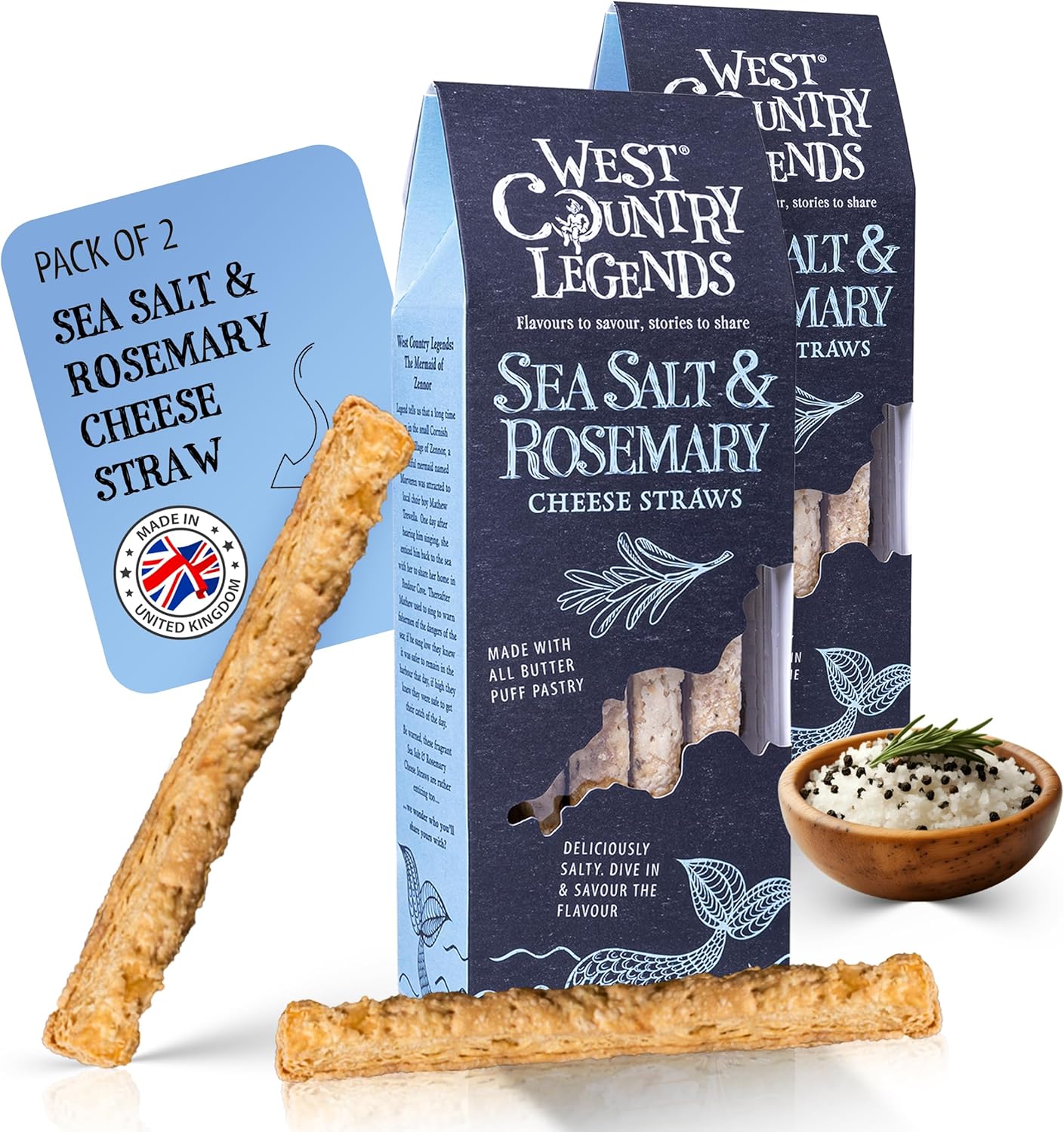 West Country Legends Sea Salt & Rosemary Cheese Straws 100g – Traditional Cheddar Cheese Straws with Sea Salt and Rosemary – Oven Baked Breadsticks Made with Butter Puff Pastry – Savory Bread Sticks Snacks Gourmet Bakery Treat – Pack of 2