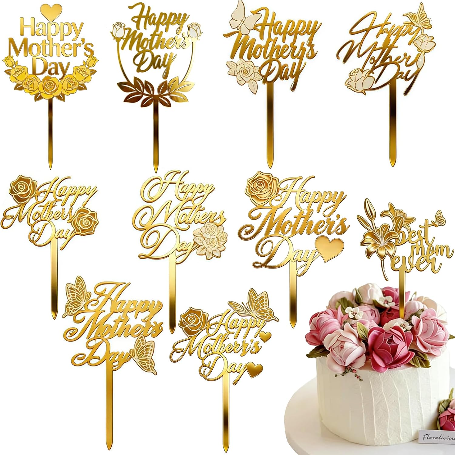 10Pcs Happy Mother's Day Cake Toppers 10 Style Acrylic Cake Topper Mother's Day Cupcake Topper Rose Theme Cake Picks Gold Acrylic Cake Toppers for Mother's Day Birthday Party Decorations