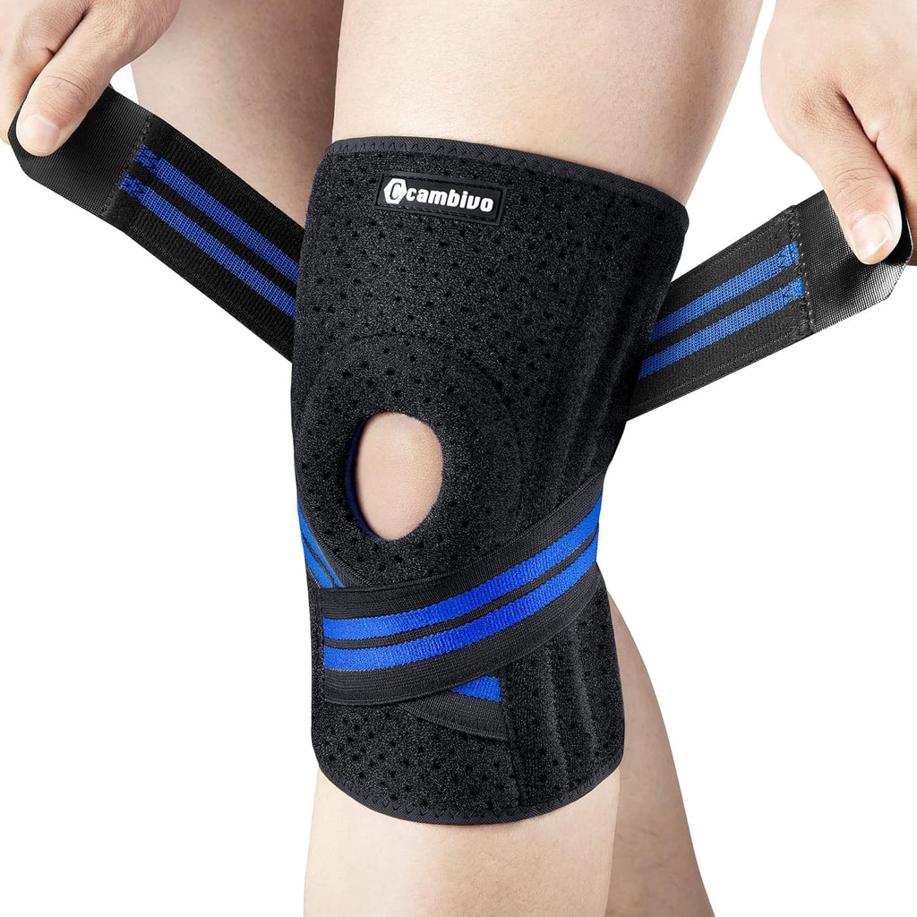 CAMBIVO Knee Brace for Women & Men, Knee Brace with Side Stabilizers for Knee Pain Relief, Adjustable Compression Knee Support for Gym Running Working Out （X-Large,Blue）