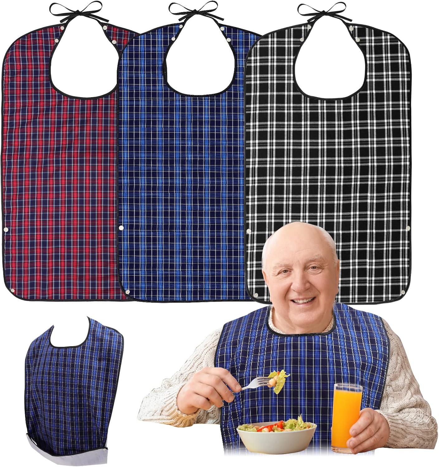 Roylvan Adult Bibs, 3 Pcs Washable Clothing Protector with Crumb Catcher for Eating, Reusable Waterproof Large Feeding Adult Bibs for Men Women Elderly Senior, Black/Red/Blue