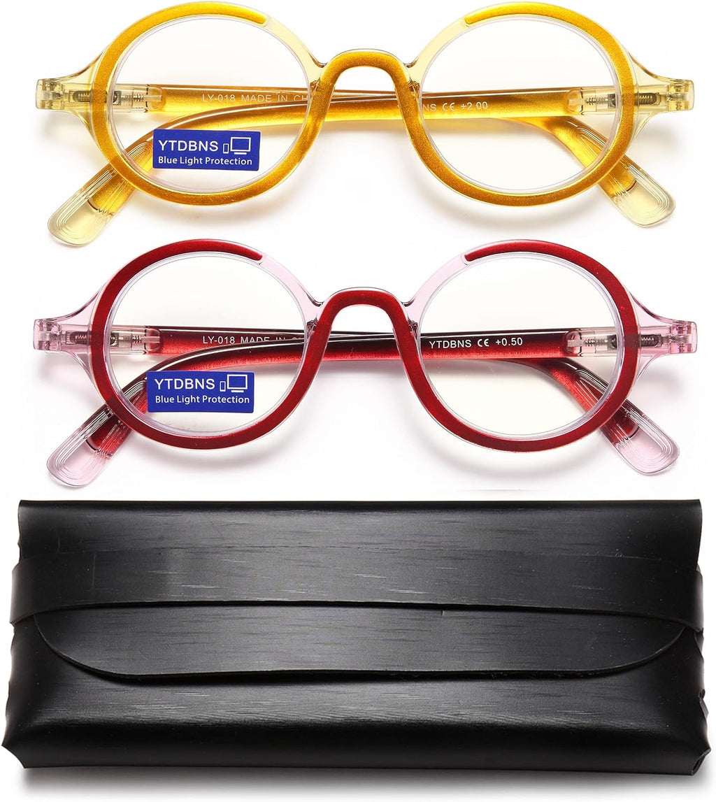 Retro Round Reading Glasses for Men and Women, Stylish Color Frame Design, Blue Light Blocking, Spring Hinges, Anti Eye Strain Computer Readers, 2.0