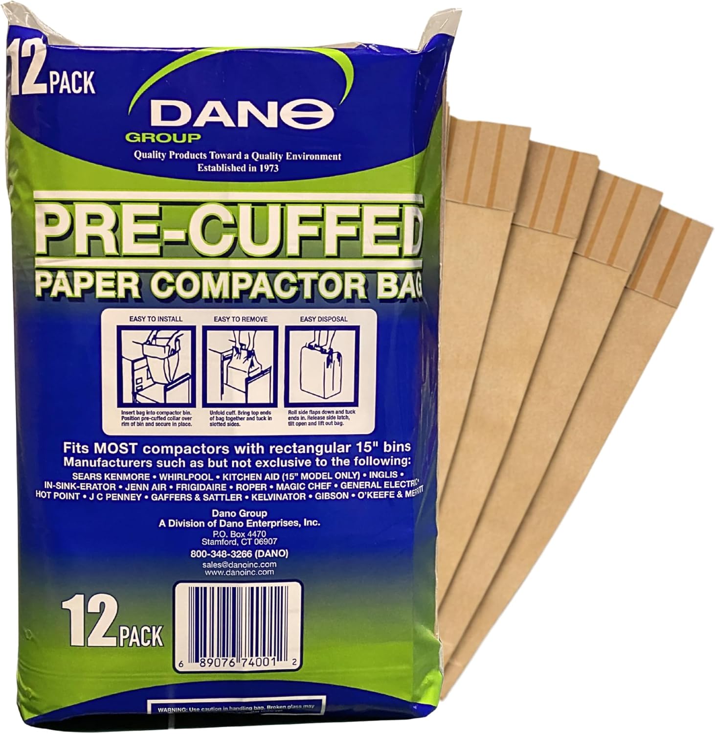 Dano Pre-Cuffed Paper Trash Compactor Bags (12 Pack) | Heavy Duty Kitchen Garbage Compactor Bags & Liners | 11 Gallon Precuffed Garbage Bag for Compactor | Eco-Friendly Trash Compactor Bag