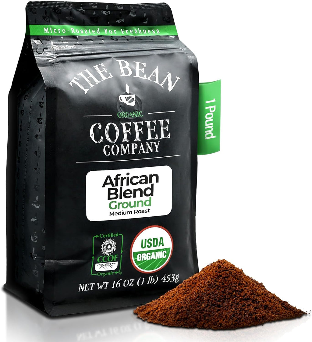 The Bean Organic Coffee Company African Blend, Medium Roast, Ground Coffee, 16-Ounce Bag, Café molido tostado orgánico