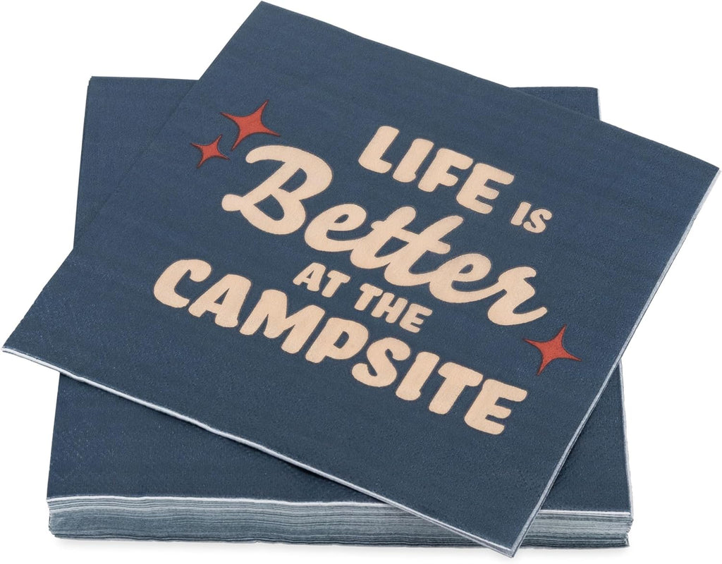 Camco Life is Better at The Campsite Paper Napkins | Features a Dark Blue with Red Retro Stars and Large Tan "Life is Better at The Campsite" Design | 30-Count (53496)