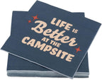 Camco Life is Better at The Campsite Paper Napkins | Features a Dark Blue with Red Retro Stars and Large Tan "Life is Better at The Campsite" Design | 30-Count (53496)