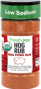 FreshJax Organic Hog Rub Pork BBQ Seasoning – 4.4 oz Sweet & Savory Dry Rub for Ribs, Pork Chops, Tenderloin & Roasts | for Grilling, Roasting & Slow Cooking | Low Sodium, Large Bottle - Made in USA