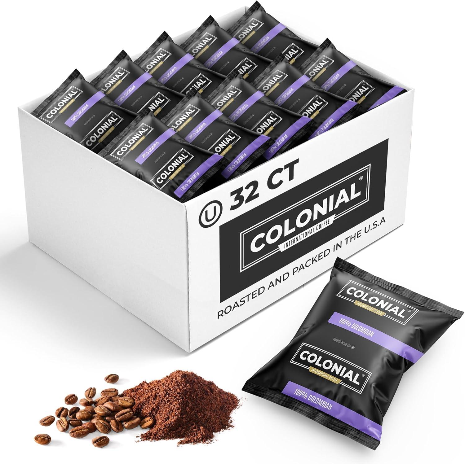Colonial Coffee 32 Count Single Pot Coffee Packets – 100% Arabica Colombian Medium Roast | Pre-Measured Frac Packs for 12 Cup Maker | Bulk Ground Gourmet Coffee for Home & Office