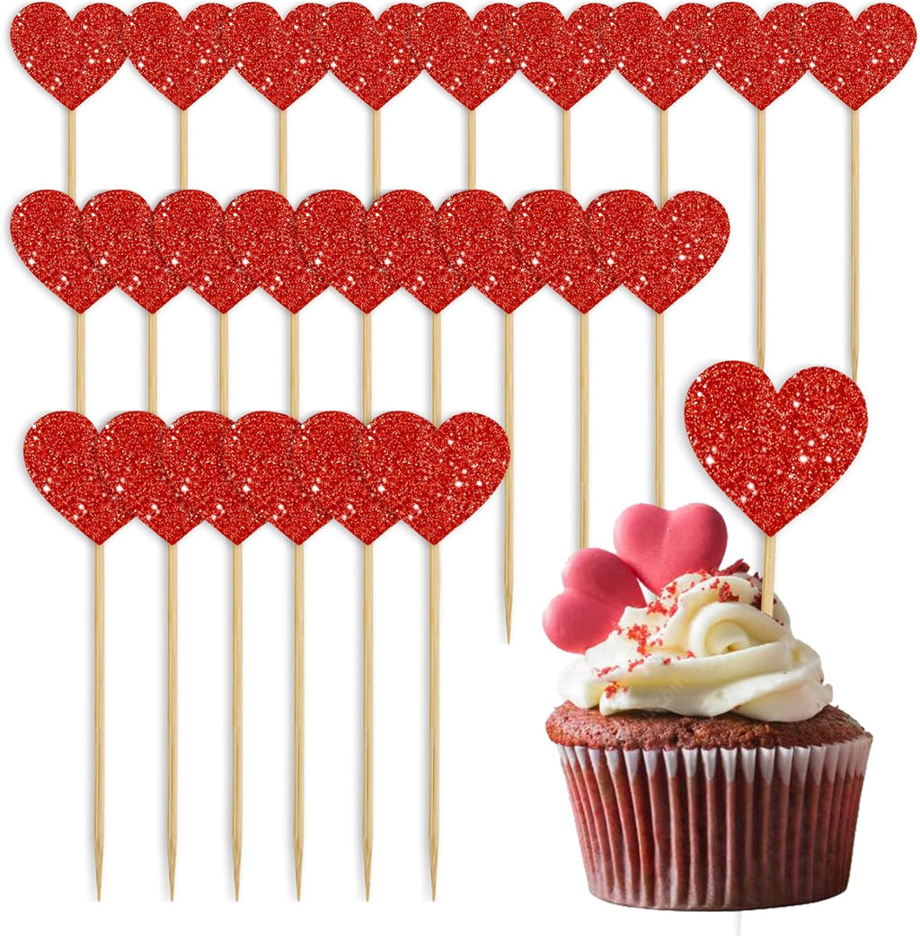 Heart Cupcake Toppers, 24 Pcs Valentines Cupcake Toppers, Glitter Sweet Love Cupcake Heart Picks Valentine's Day Cake Decorations for Wedding Engagement Bridal Shower Valentine's Day Party Supplies
