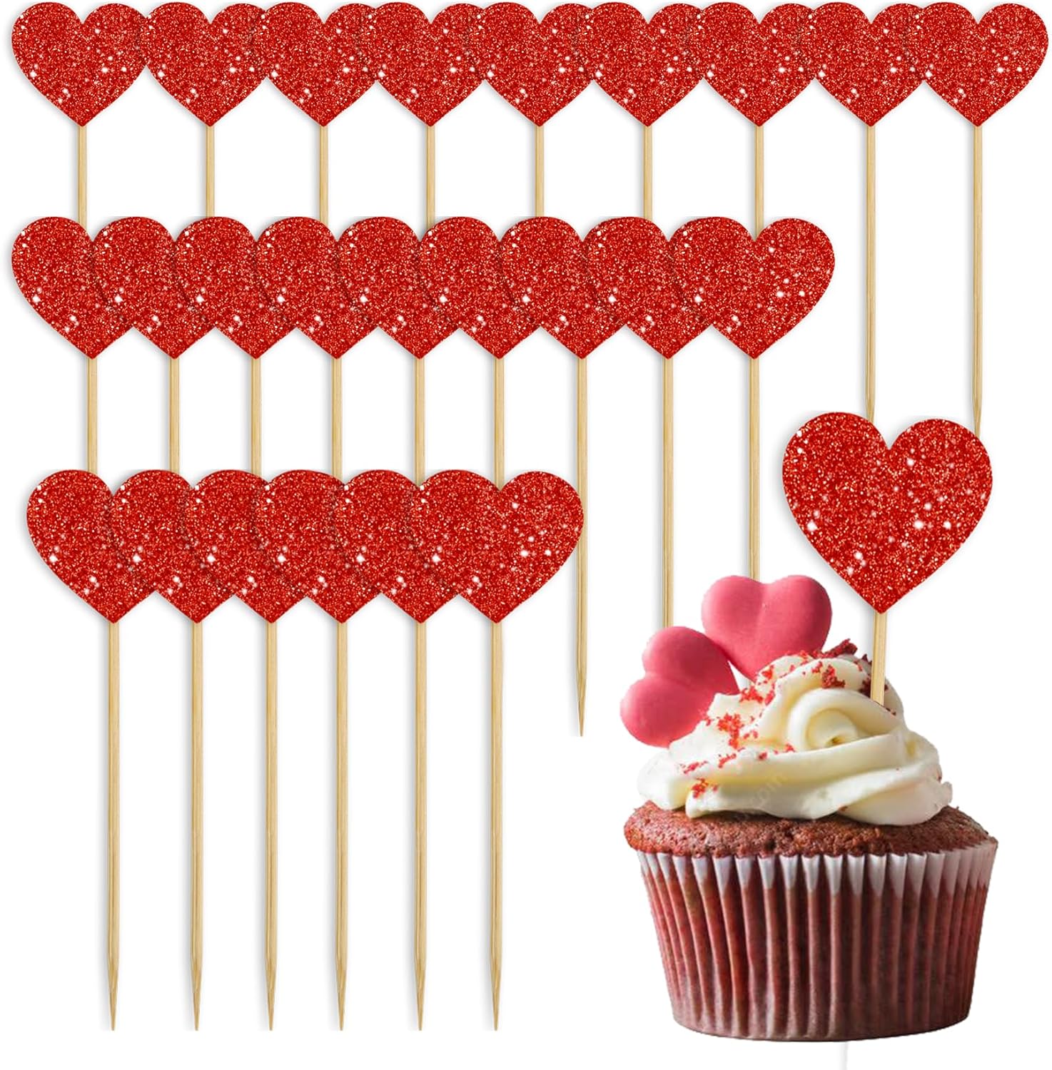 Heart Cupcake Toppers, 24 Pcs Valentines Cupcake Toppers, Glitter Sweet Love Cupcake Heart Picks Valentine's Day Cake Decorations for Wedding Engagement Bridal Shower Valentine's Day Party Supplies