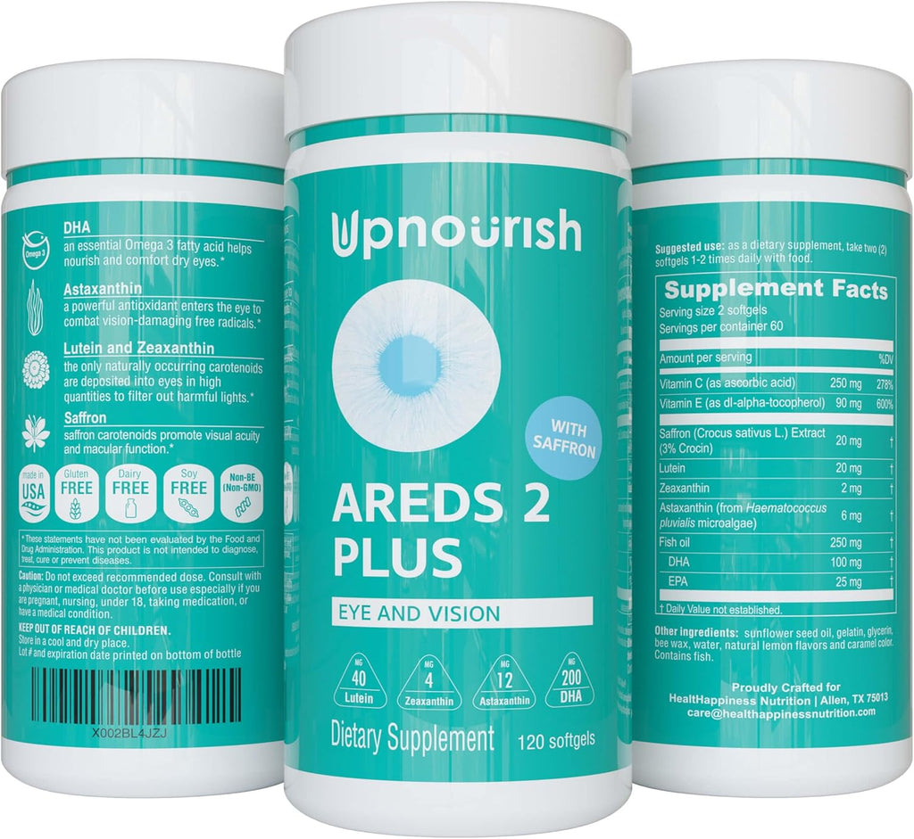UpNourish AREDS 2 Plus Eye Vitamin Supplement, AREDS 2 Zinc Free Formula with Lutein, Zeaxanthin, Saffron, Astaxanthin & DHA - 120 softgels