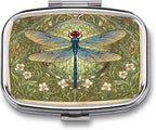 Metal 2 Compartment Pill Organizer Travel Friendly Portable Compact Pill Box,Cute Pill Case to Hold Vitamins,Fish Oil,Supplements,Meds,Tablet for Purse,Pocket (The Dragonfly with a Green Background)