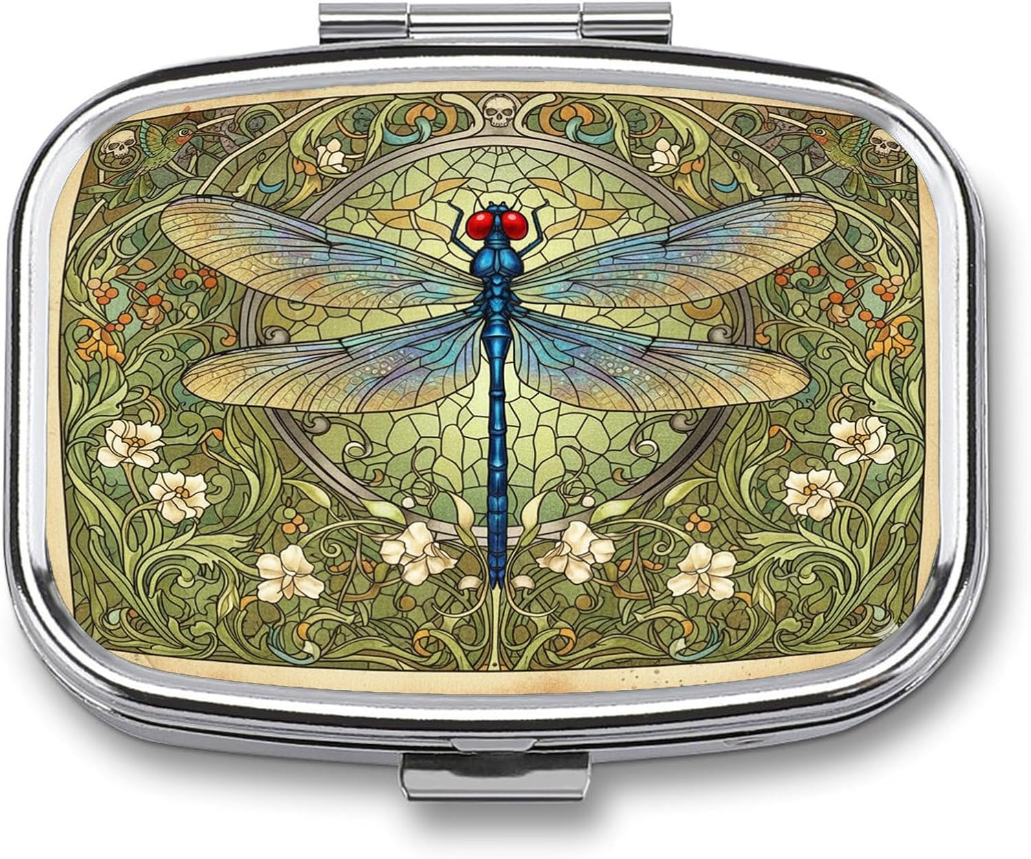 Metal 2 Compartment Pill Organizer Travel Friendly Portable Compact Pill Box,Cute Pill Case to Hold Vitamins,Fish Oil,Supplements,Meds,Tablet for Purse,Pocket (The Dragonfly with a Green Background)